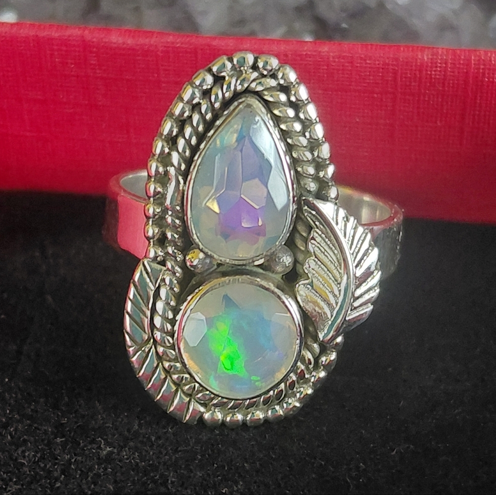 Ethiopian Opal Teardrop & Round Cut Sterling Silver Statement Ring